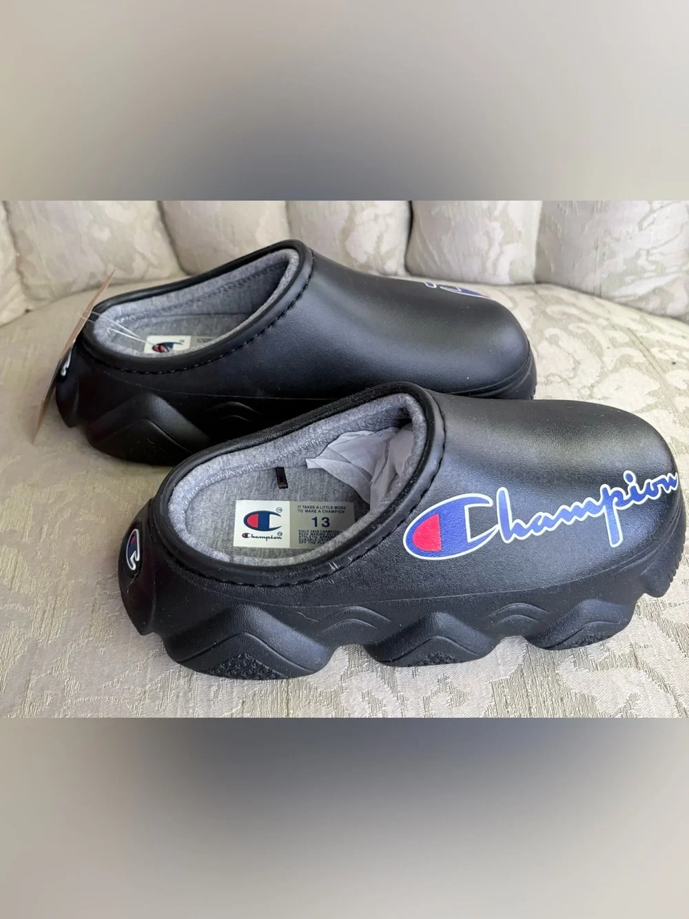 Champion Kids Black Logo Clog Mules with Red & Blue Accent